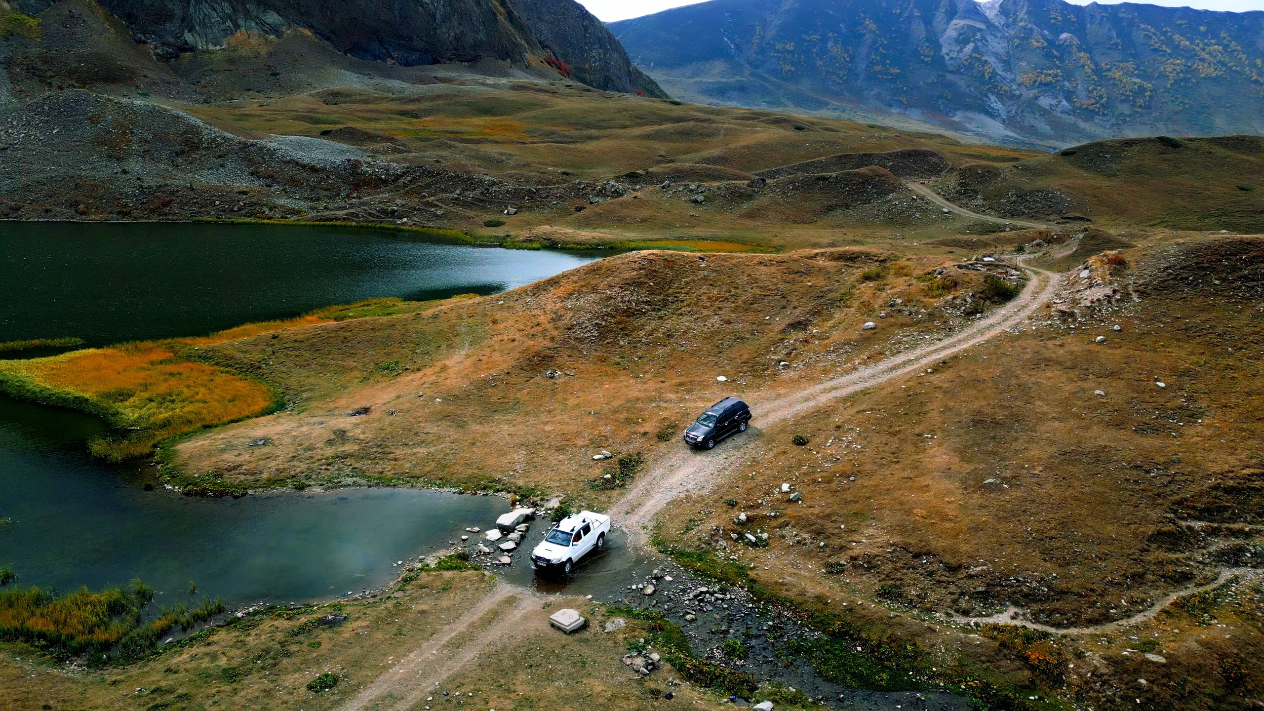 Aerial autumn lakes and highlands in Turkey