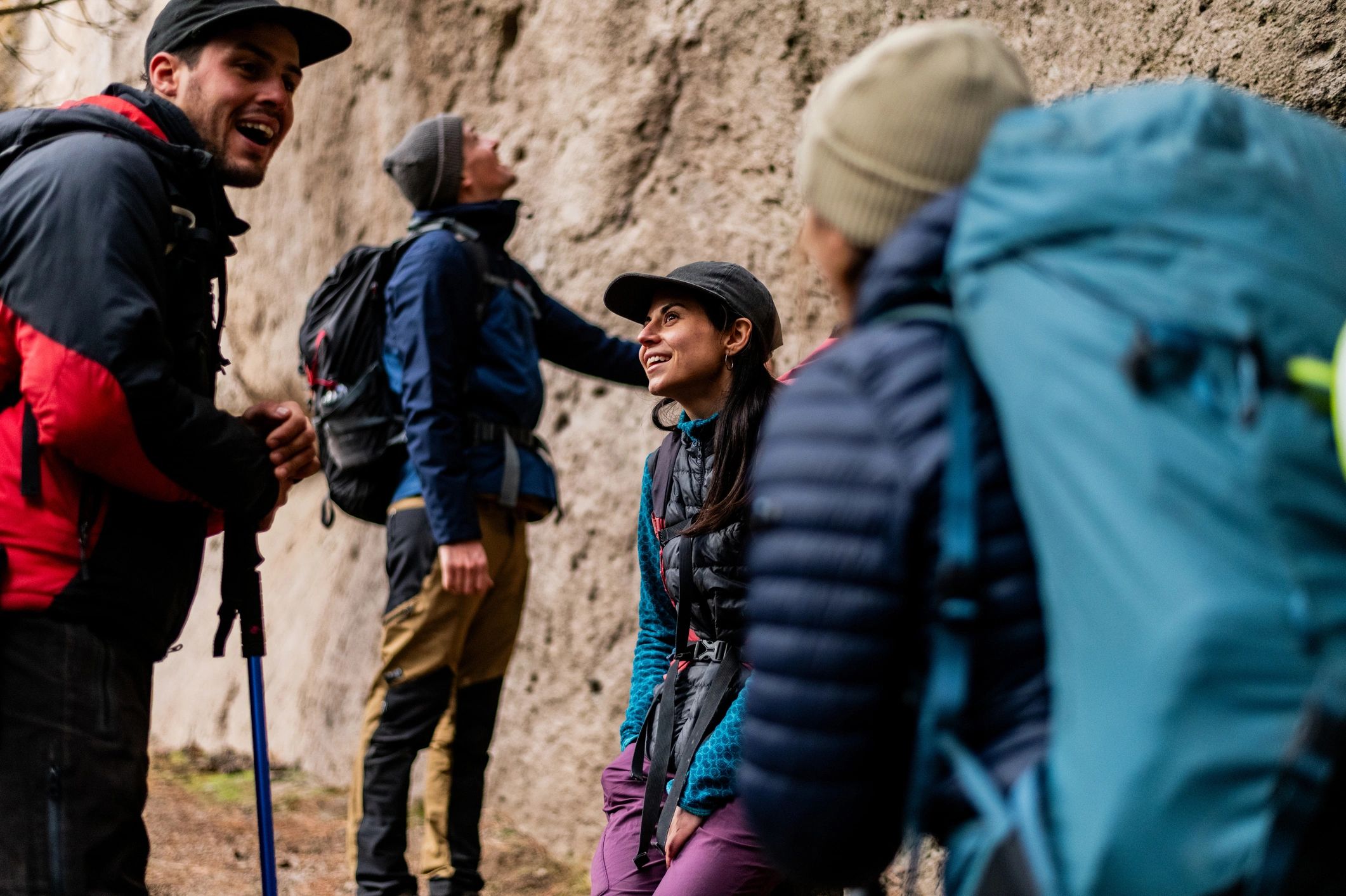 Excited group of friends during hike outdoors